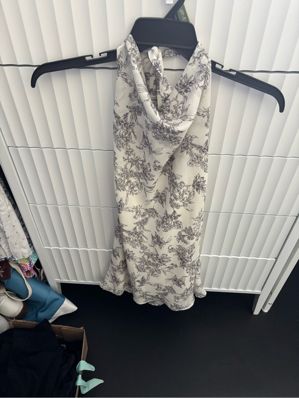 Backless Floral Halter Dress - Cream with Black Print